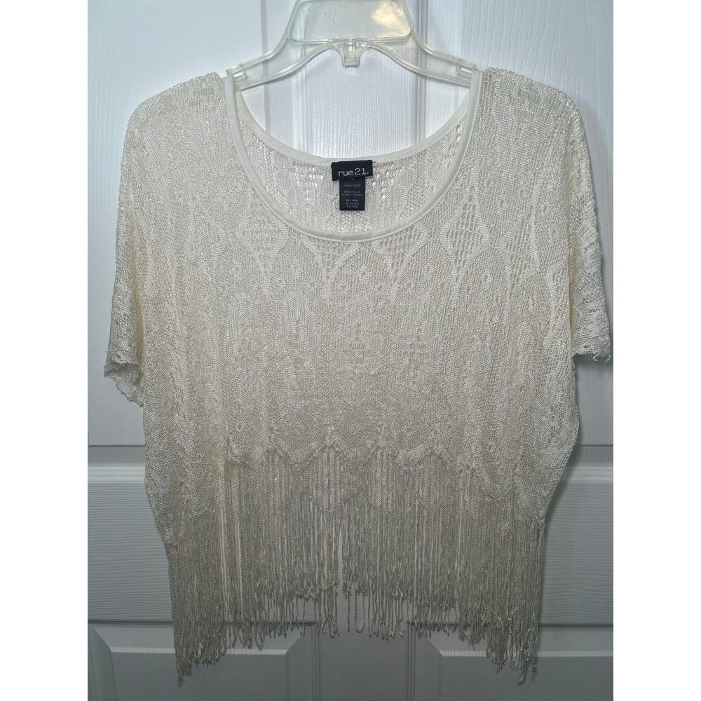 Rue21 Open Knit Fringe Short Sleeve Top XL Boho Hippy Festival Floral Lace‎